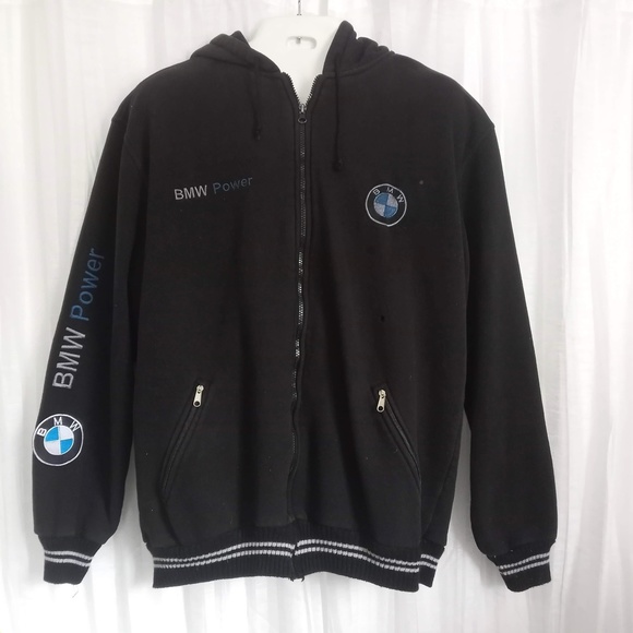 Vintage BMW POWER Jacket Zip Front Varsity Sweatshirt Hoodie Garage Patches XXL